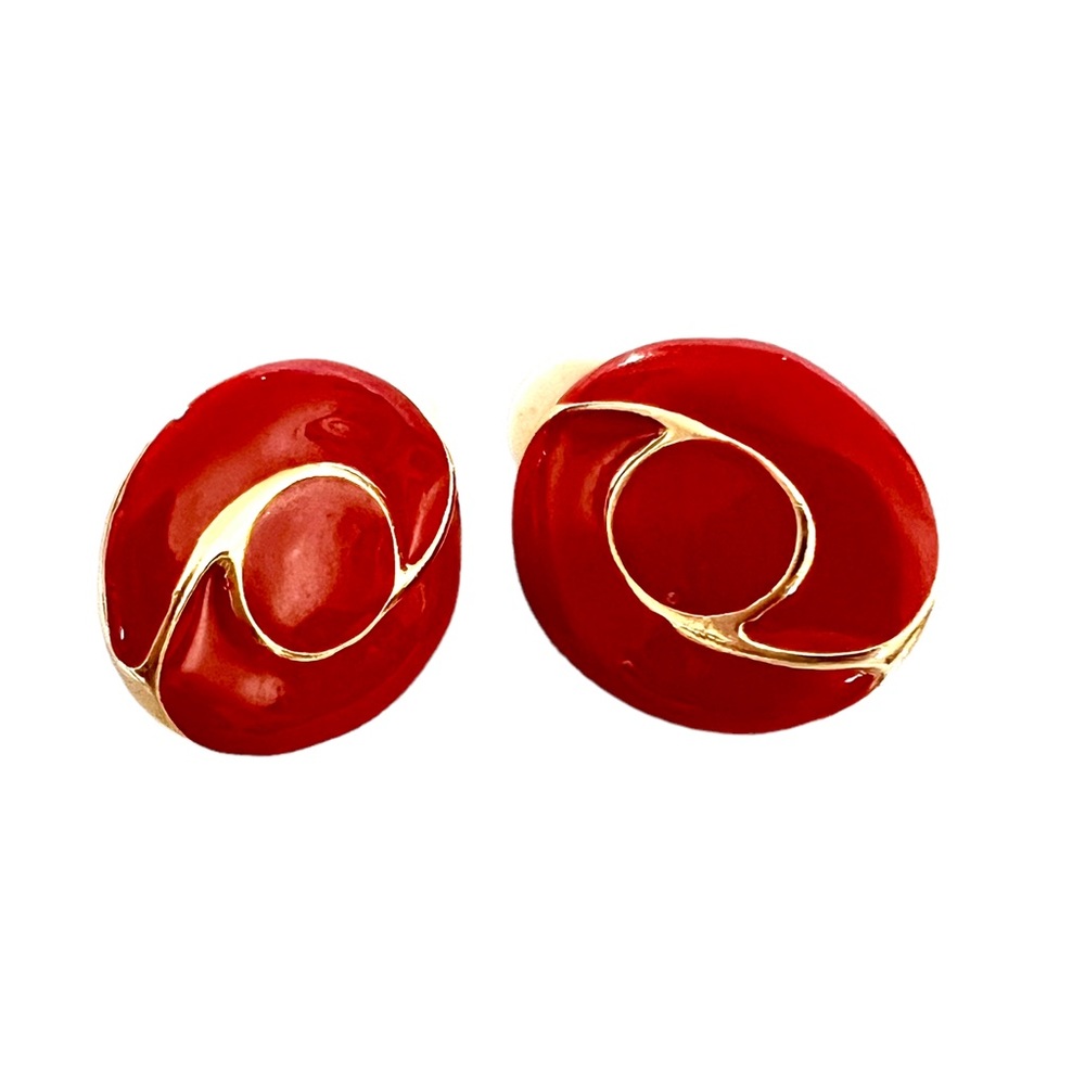 Vintage Red Thermoset Lucite Gold Tone Choker Necklace Enamel Swirl Earrings Set - Picture 5 of 9